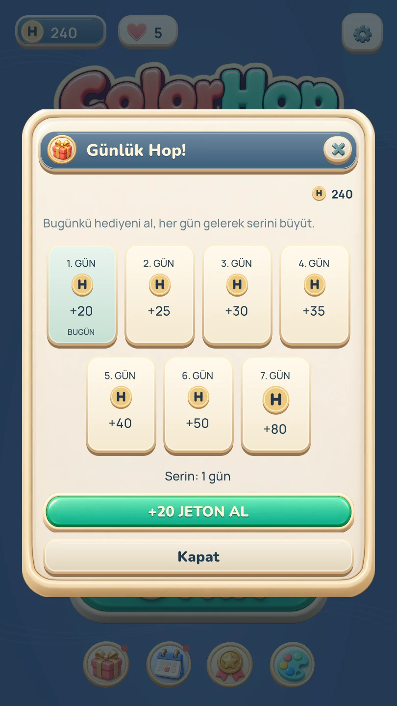 ColorHop günlük hediye ekranı; yedi günlük giriş serisi ve jeton ödülleri.